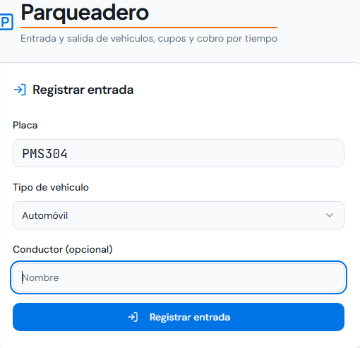 Registro de entrada con placa y tipo de vehículo.