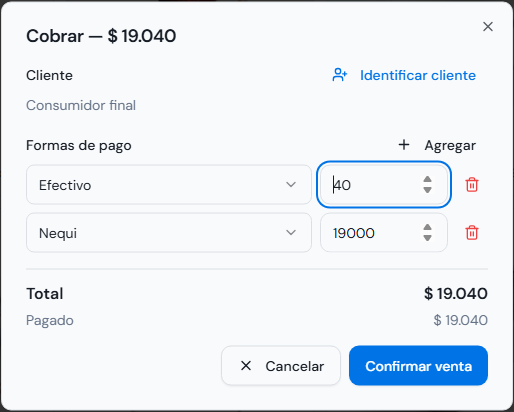 Distribución de una venta entre efectivo y pago electrónico.