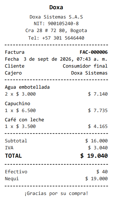 Comprobante con productos, impuestos, total y desglose de pagos.